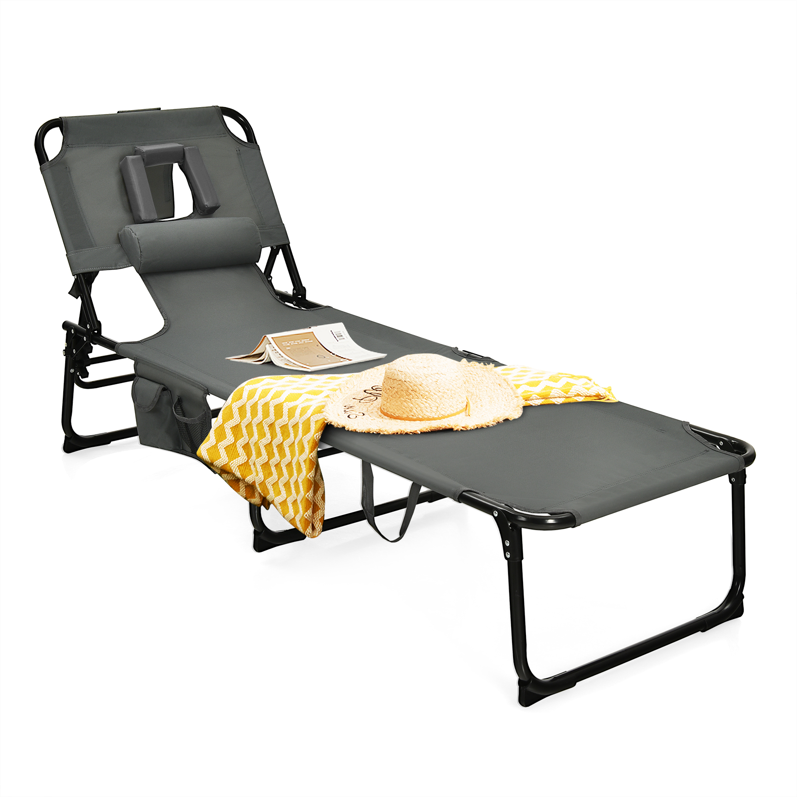 Patiojoy Beach Lounge Chair Reclining Chair with 5 Adjustable Positions Detachable Pillow \u0026Hand Ropes Gray